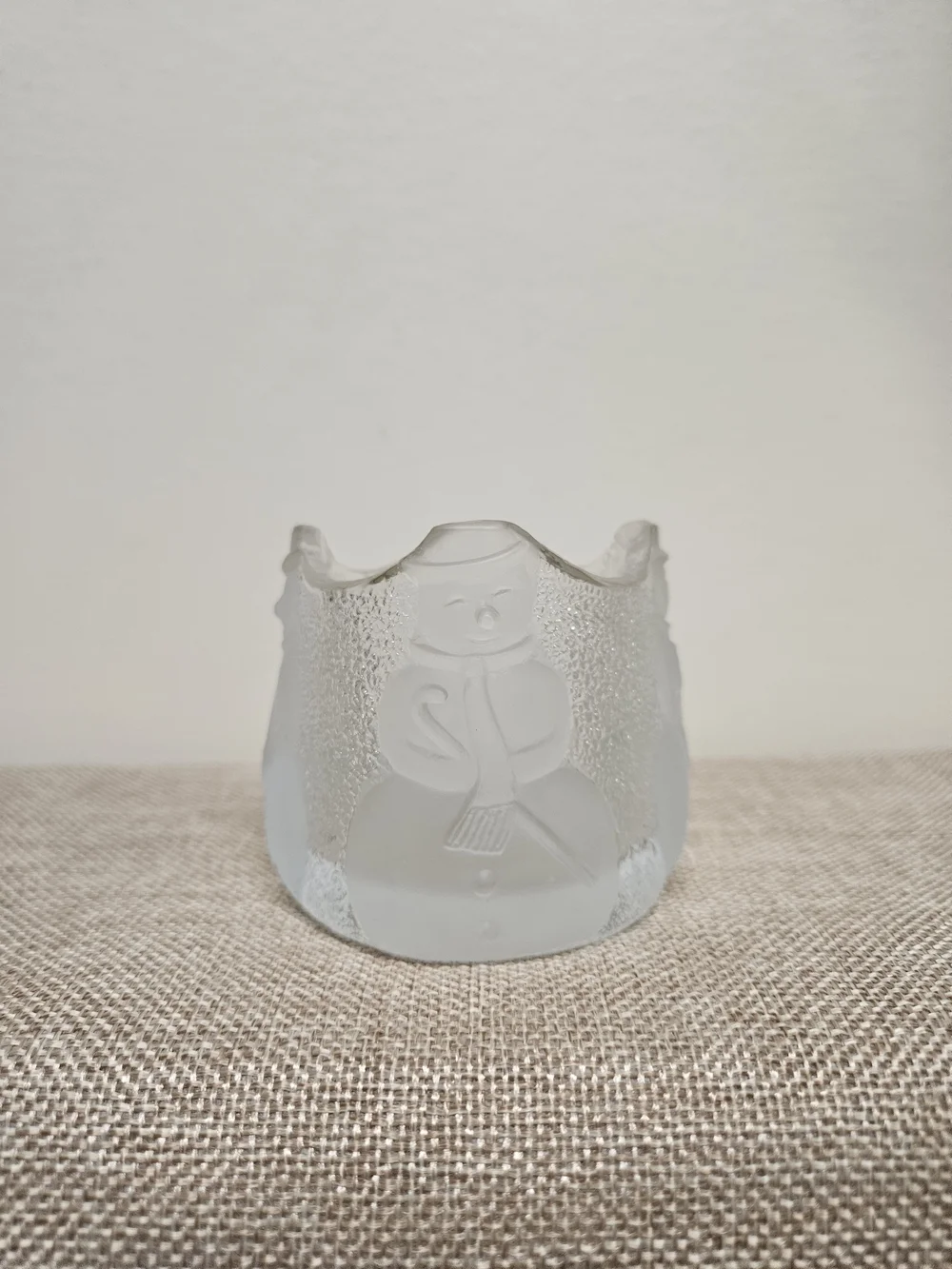 Vintage Nybro Sweden Snowman Glass Votive Candle Holder Frosted White 1980s